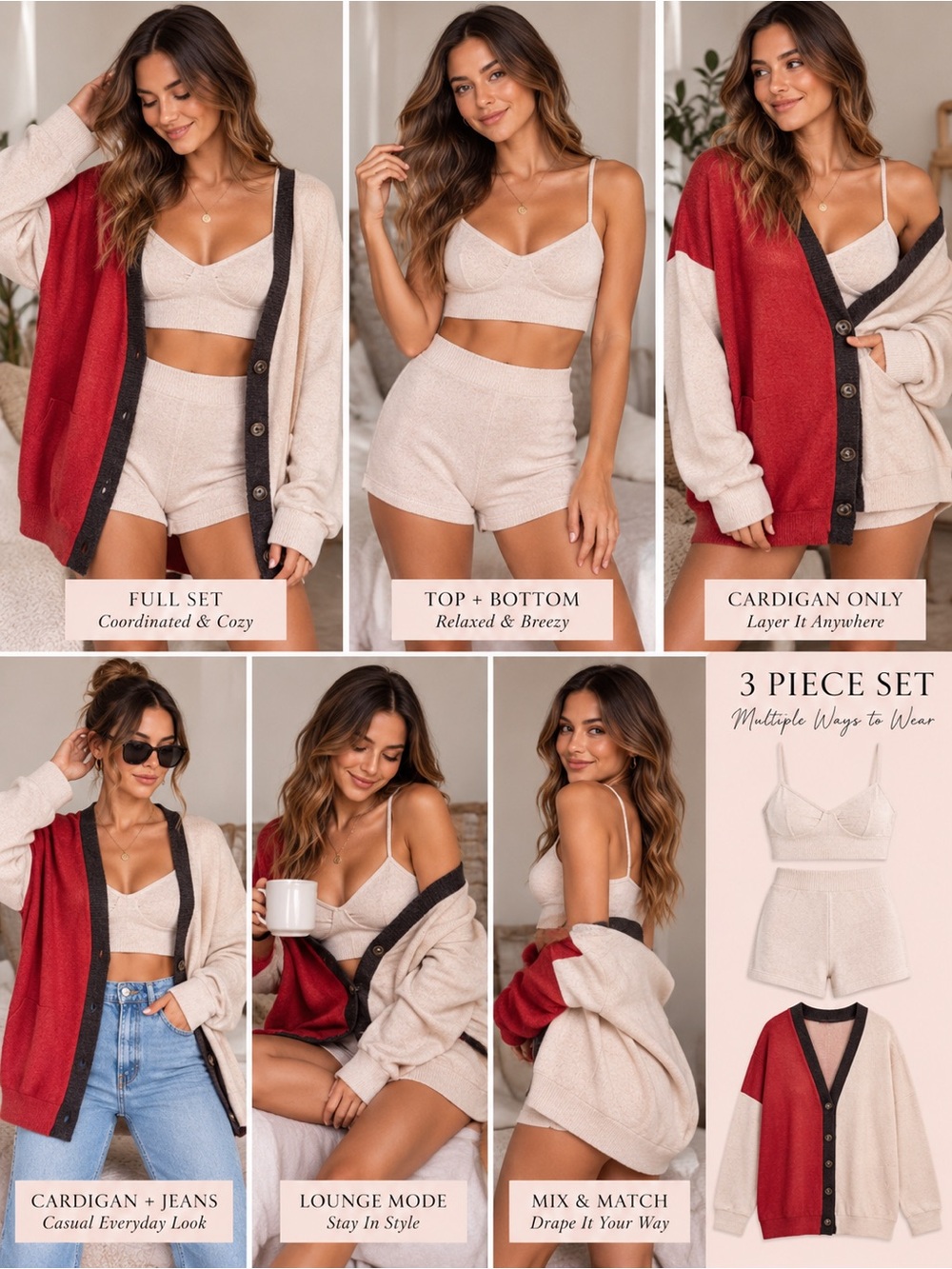WinWin Cream & Reddish Orange Colorblock Knit 3-Piece Lounge Set